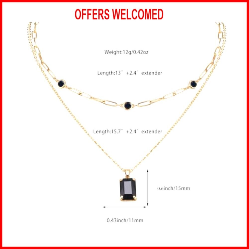14k Gold Plated Rhinestone Choker Necklace, Layered Pendant Paperclip Design - Picture 7 of 8